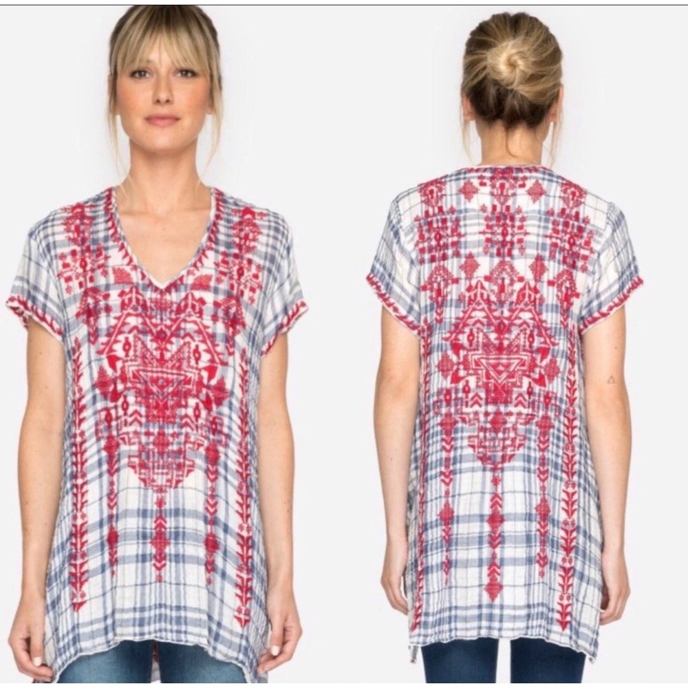 Johnny Was Workshop Misha Drape Plaid Embroidered Tunic Top Blue Red XL